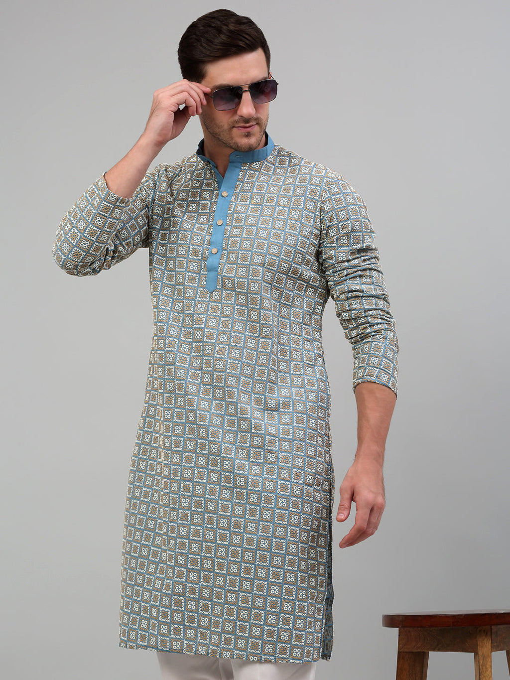 Jompers Men's Blue Embroidered Kurta Only