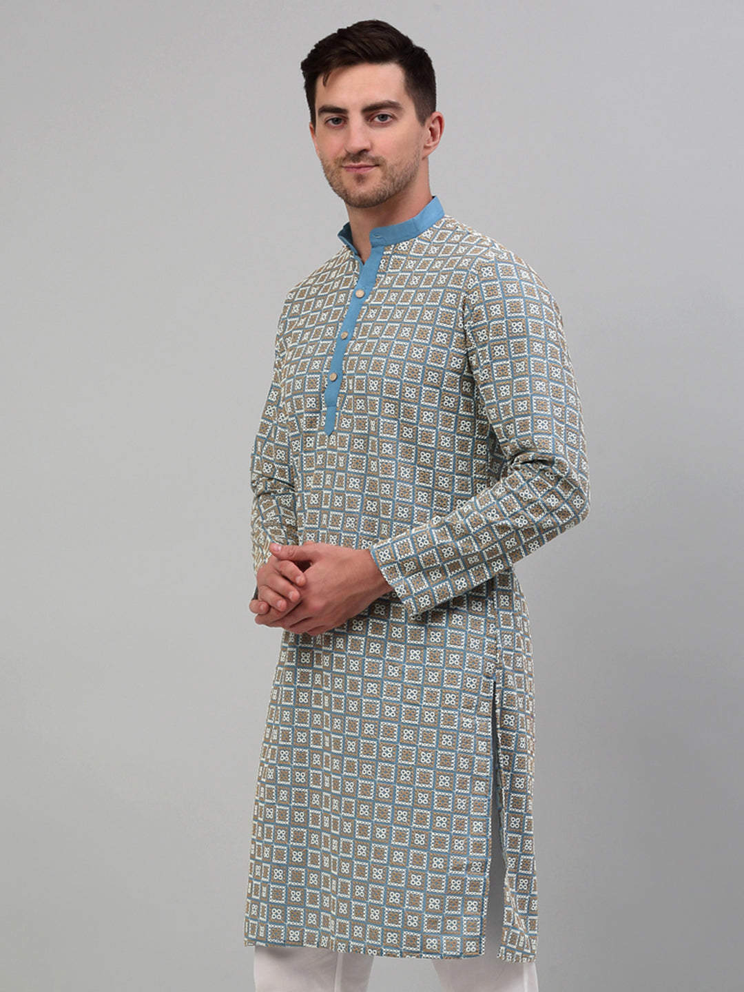 Jompers Men's Blue Embroidered Kurta Only