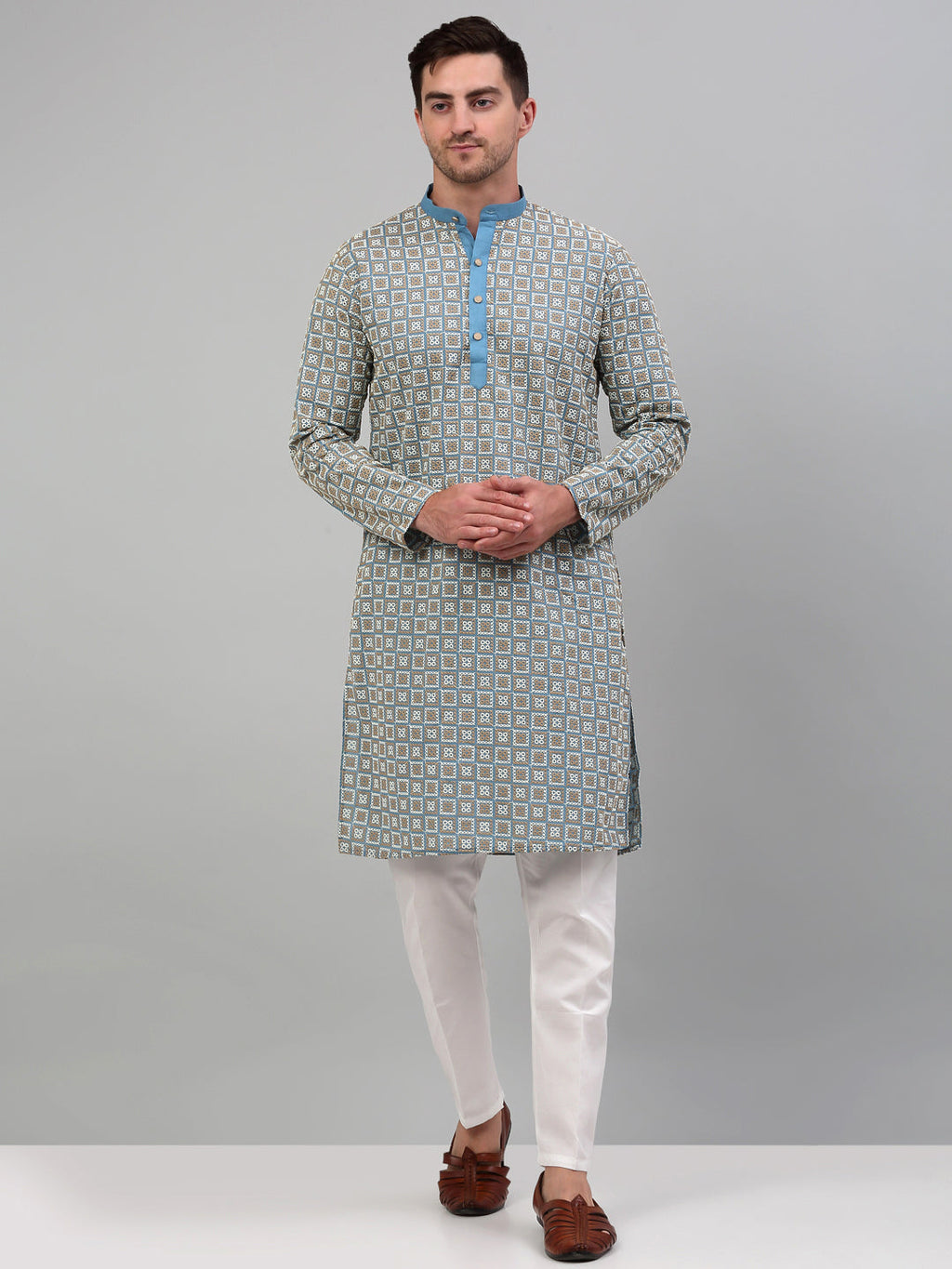 Jompers Men's Blue Embroidered Kurta Only
