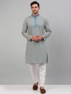 Jompers Men's Blue Embroidered Kurta Only