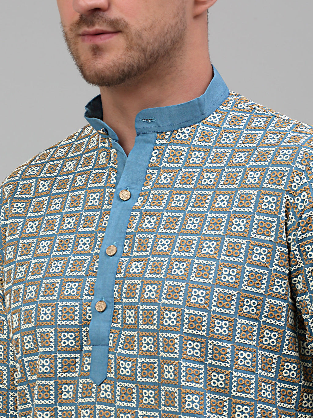 Jompers Men's Blue Embroidered Kurta Only