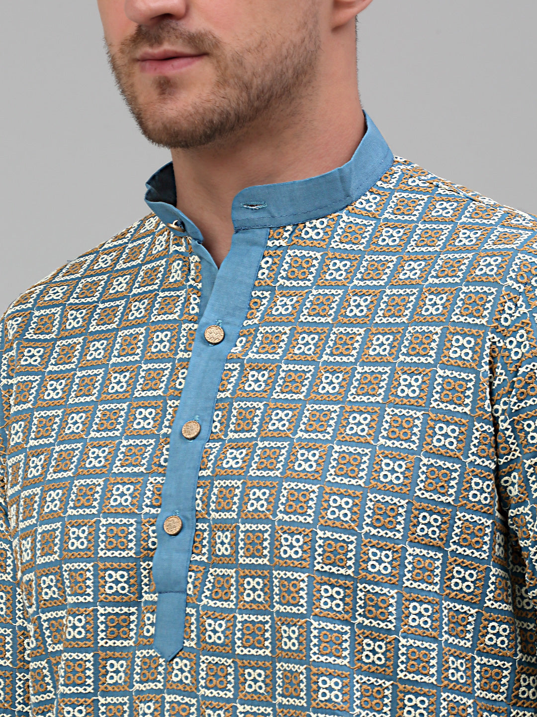Jompers Men's Blue Embroidered Kurta Only