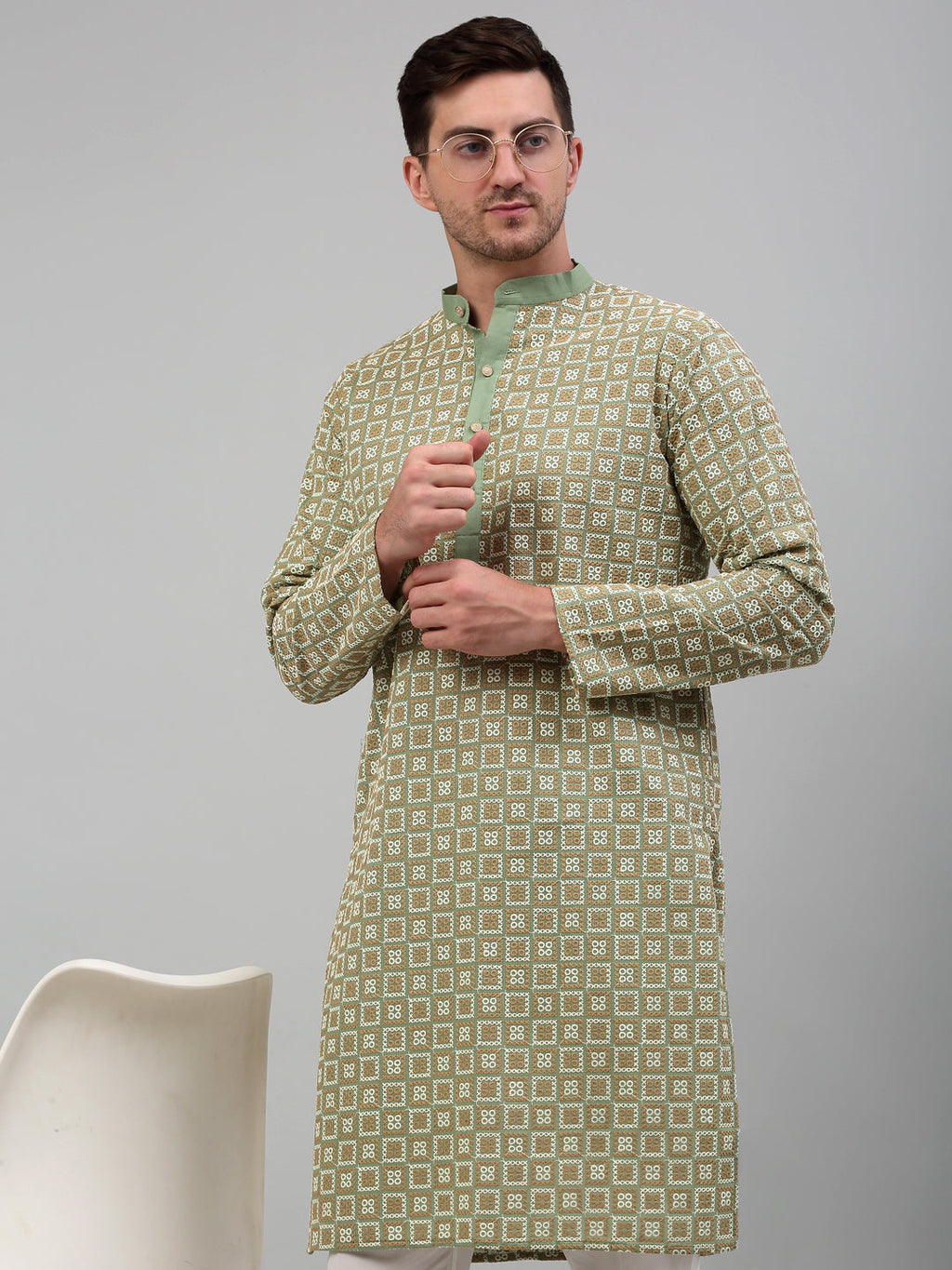 Jompers Men's Green Embroidered Kurta Only