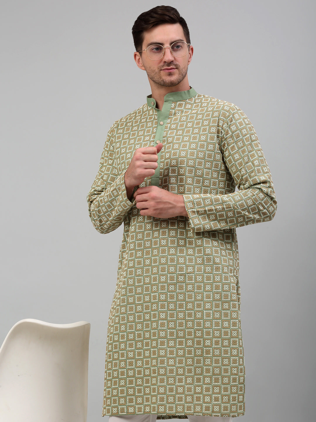 Jompers Men's Green Embroidered Kurta Only