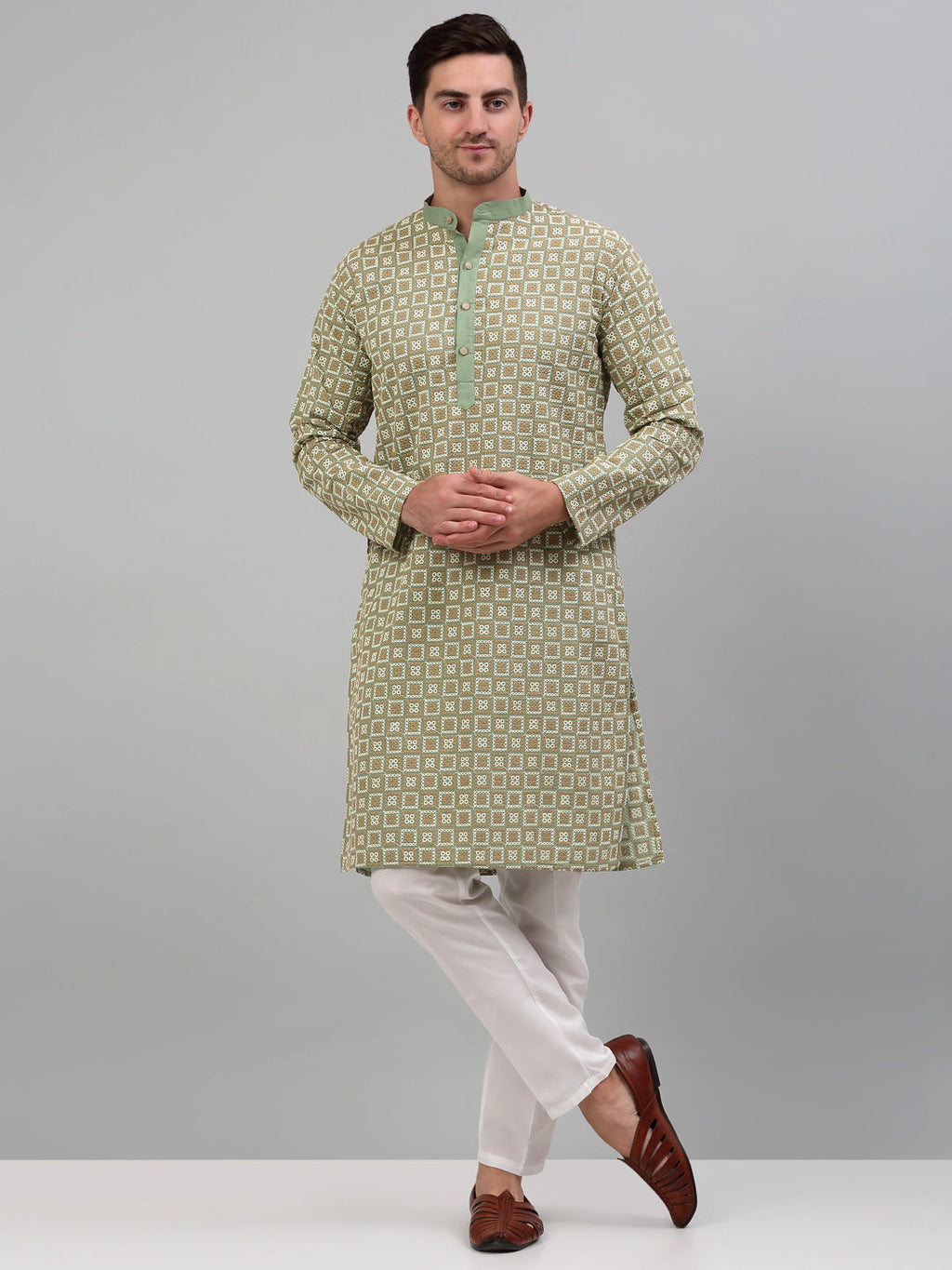 Jompers Men's Green Embroidered Kurta Only