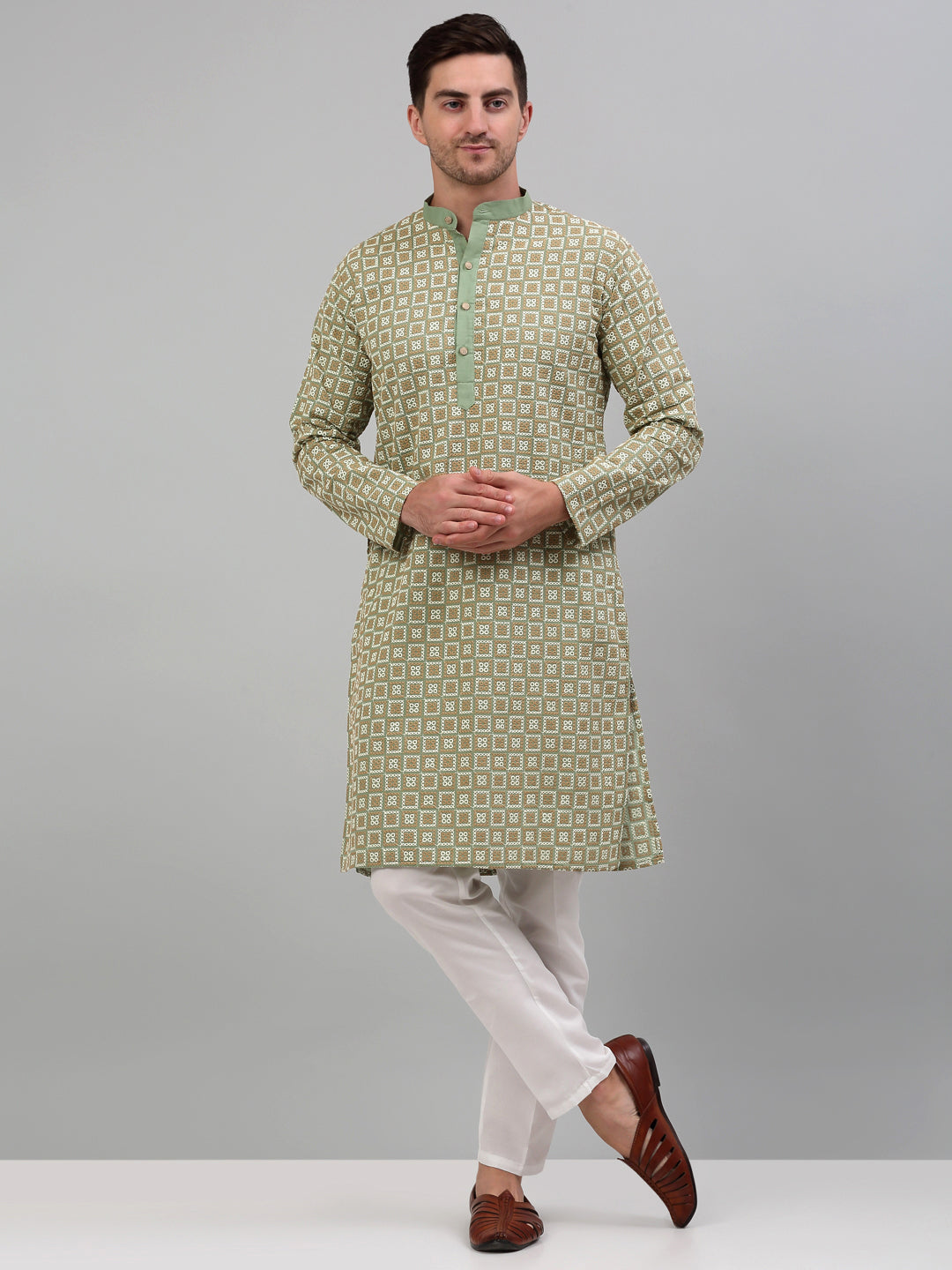Jompers Men's Green Embroidered Kurta Only