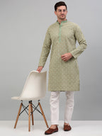 Jompers Men's Green Embroidered Kurta Only