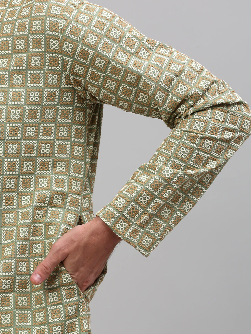 Jompers Men's Green Embroidered Kurta Only