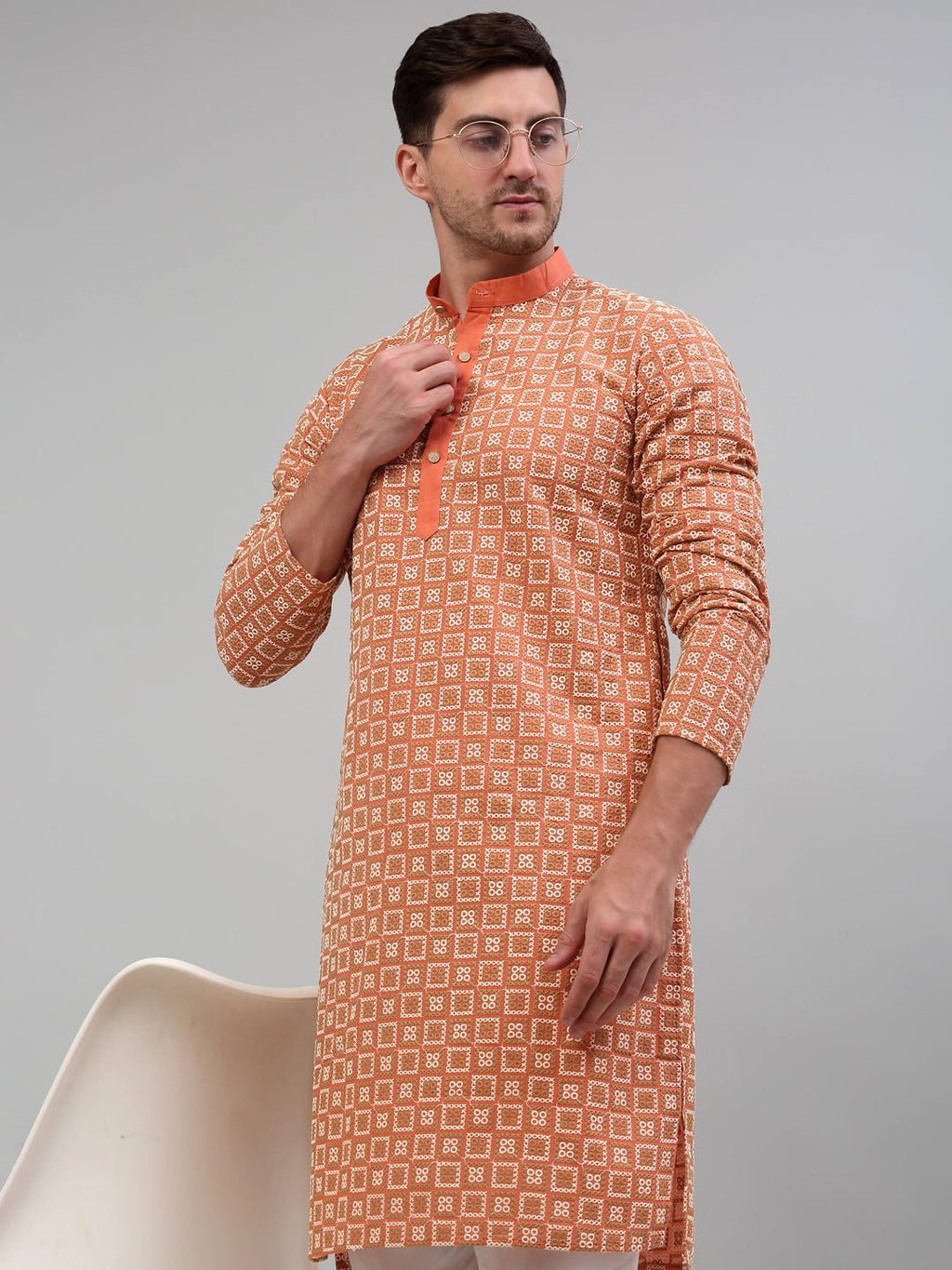 Jompers Men's Peach Embroidered Kurta Only