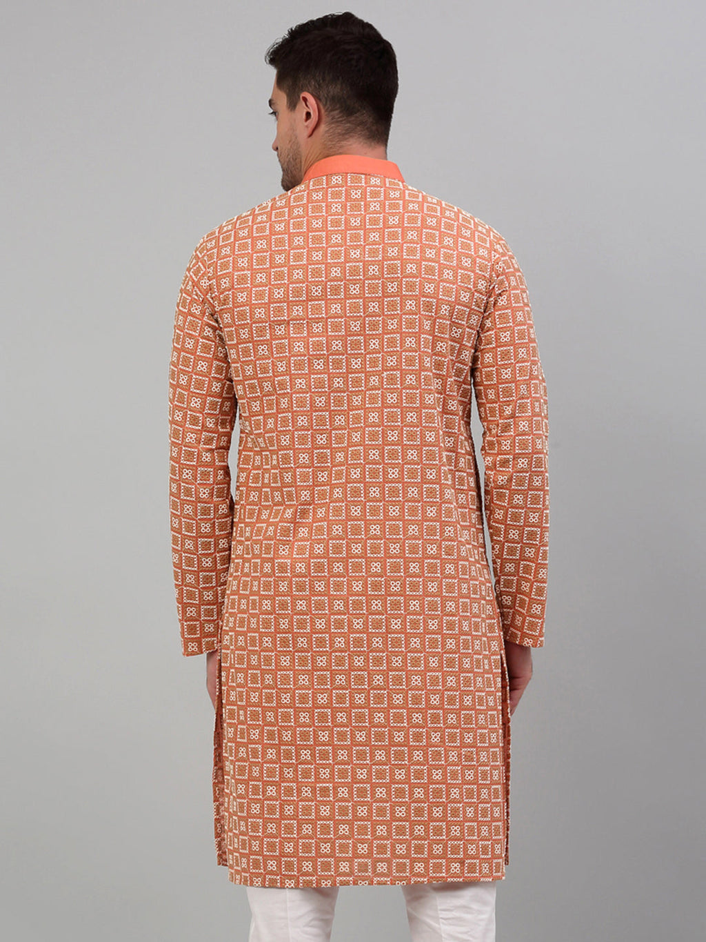 Jompers Men's Peach Embroidered Kurta Only