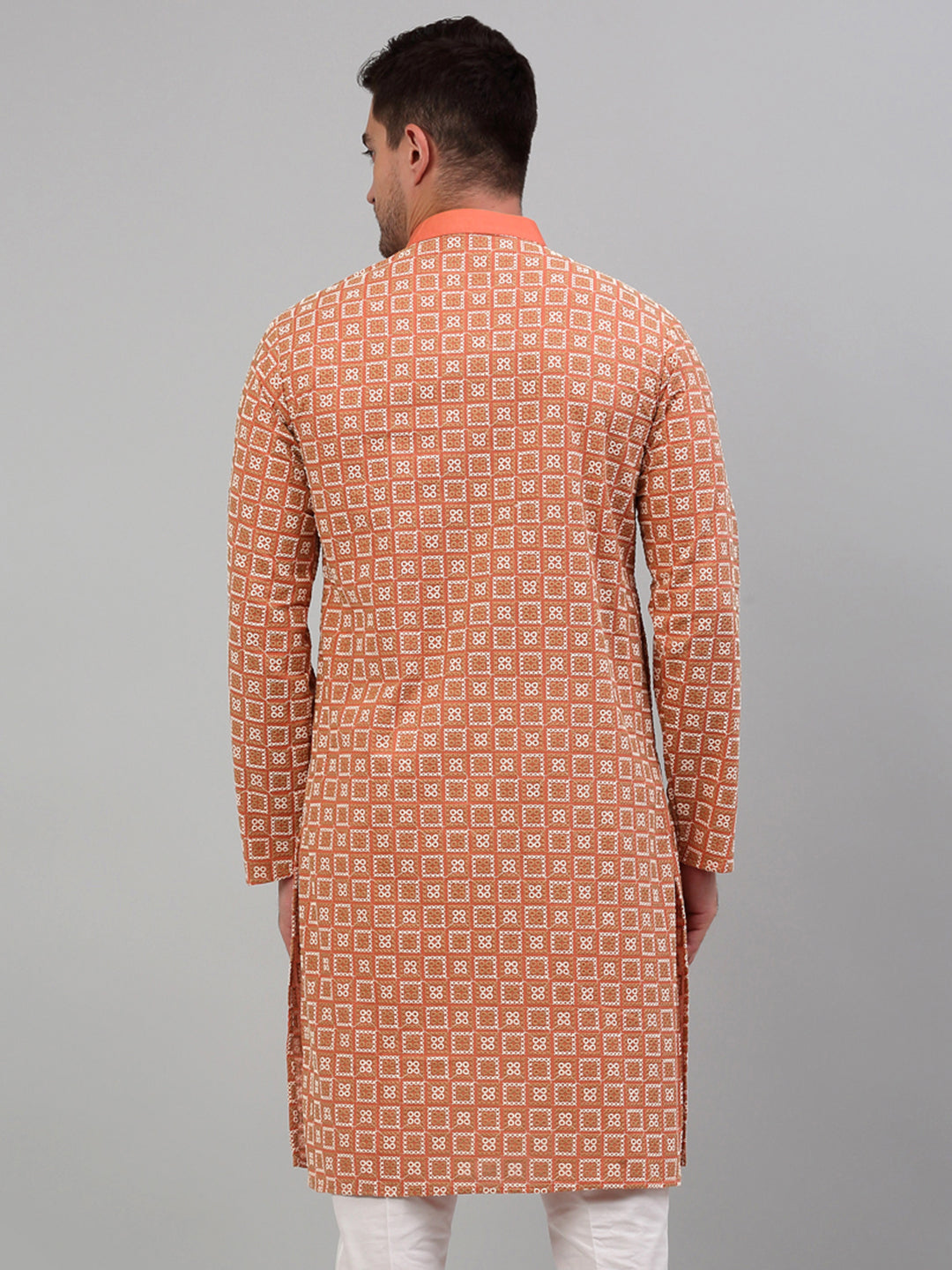 Jompers Men's Peach Embroidered Kurta Only
