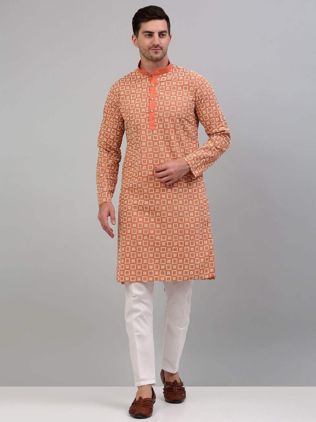 Jompers Men's Peach Embroidered Kurta Only