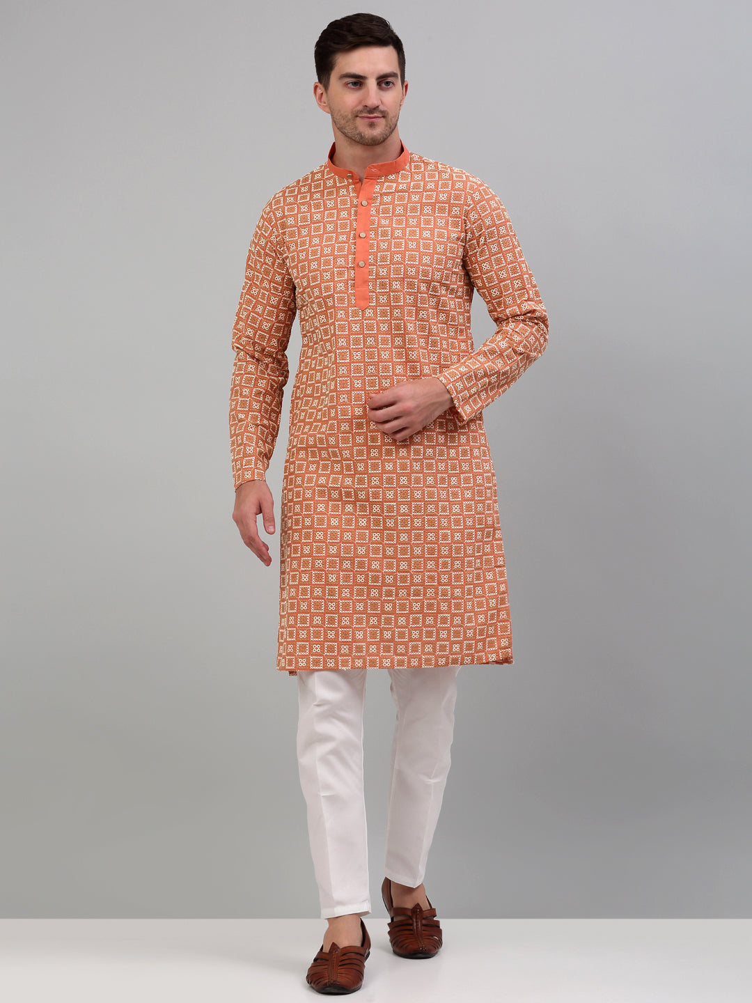 Jompers Men's Peach Embroidered Kurta Only