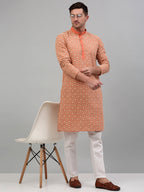 Jompers Men's Peach Embroidered Kurta Only