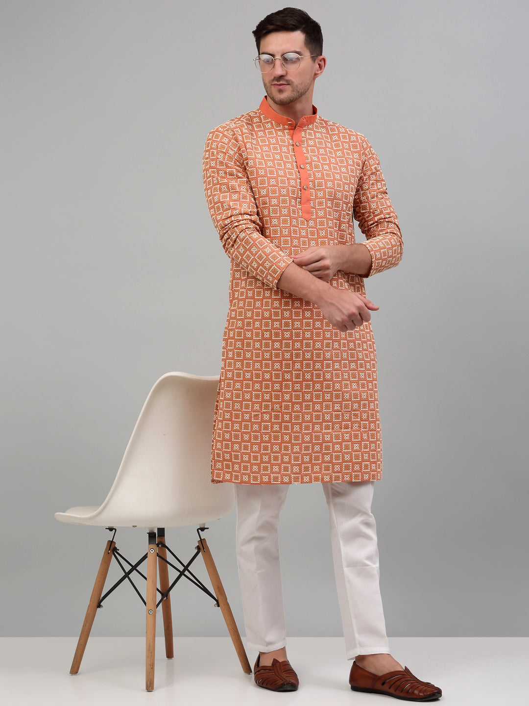 Jompers Men's Peach Embroidered Kurta Only