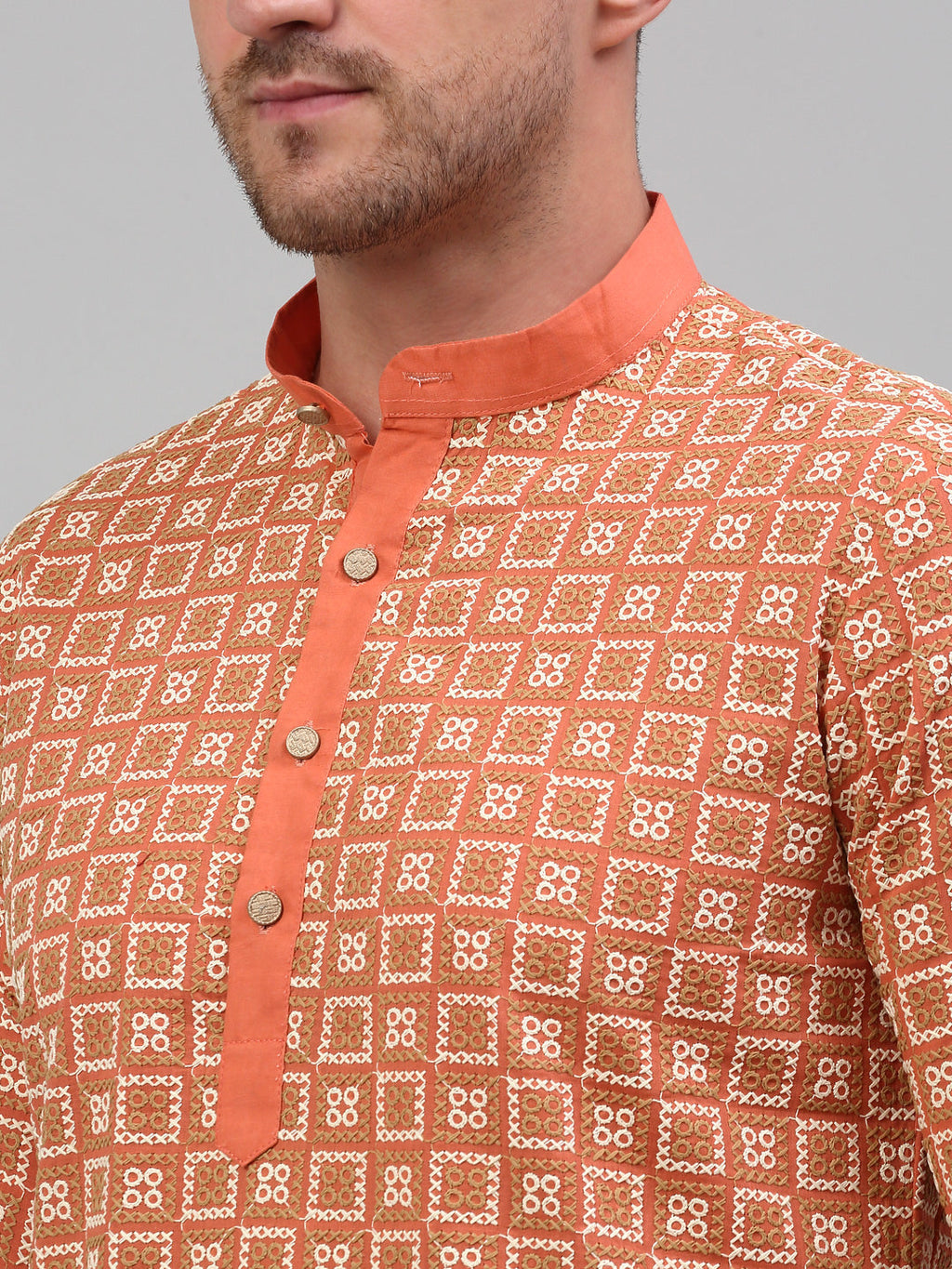 Jompers Men's Peach Embroidered Kurta Only