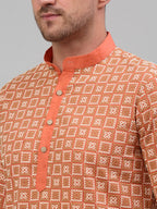 Jompers Men's Peach Embroidered Kurta Only