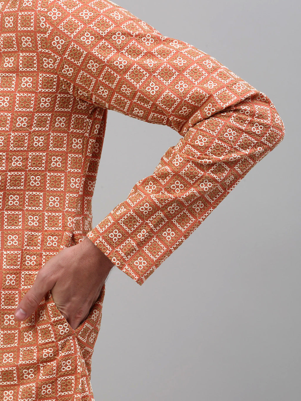 Jompers Men's Peach Embroidered Kurta Only