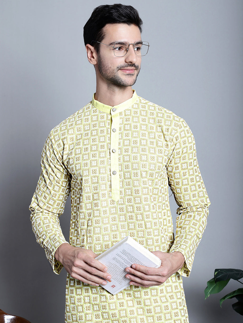 Jompers Men's Yellow Embroidered Kurta Only