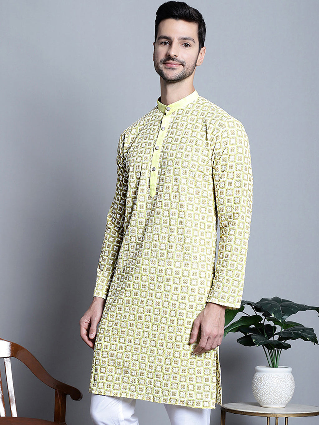 Jompers Men's Yellow Embroidered Kurta Only