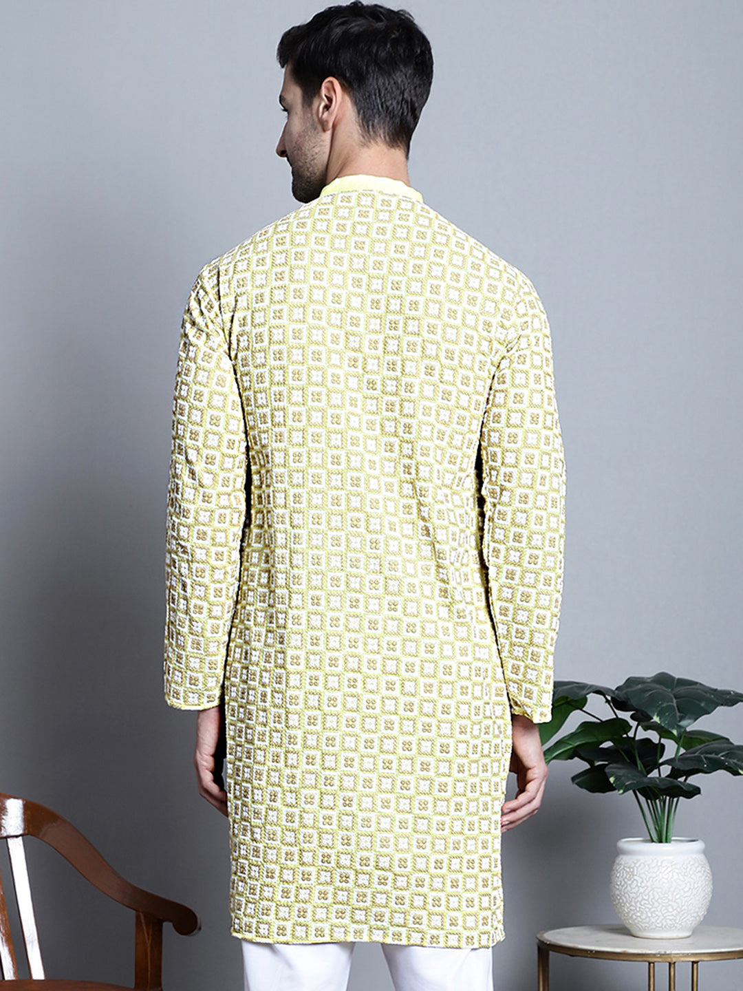 Jompers Men's Yellow Embroidered Kurta Only