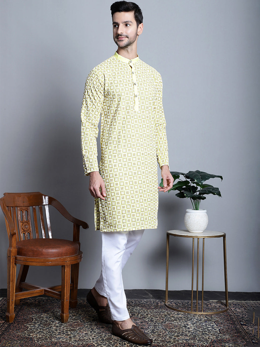 Jompers Men's Yellow Embroidered Kurta Only
