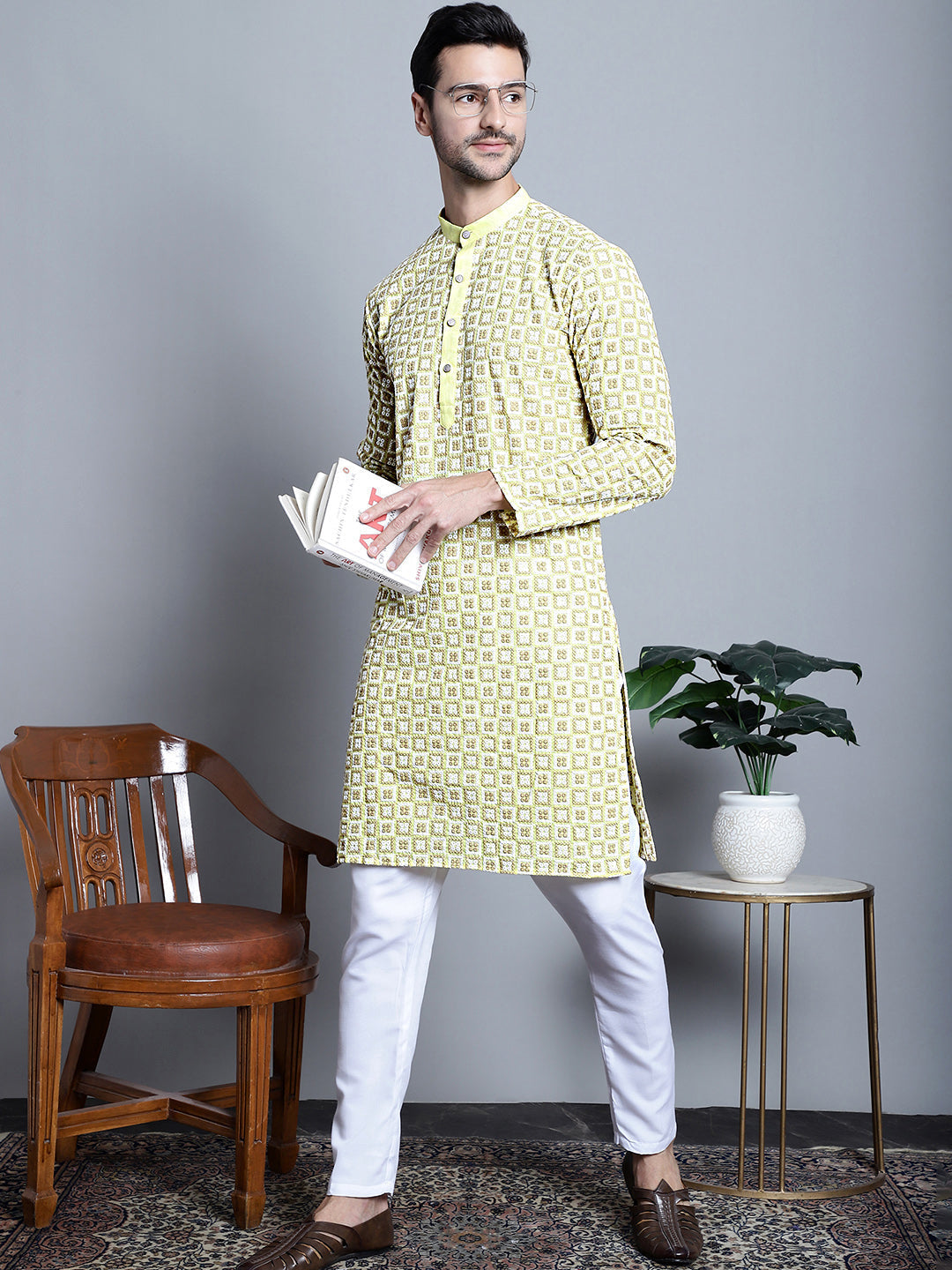 Jompers Men's Yellow Embroidered Kurta Only