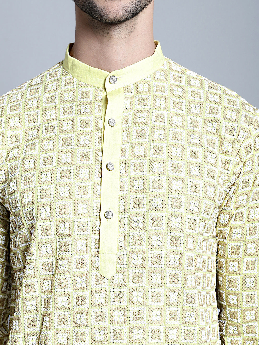 Jompers Men's Yellow Embroidered Kurta Only