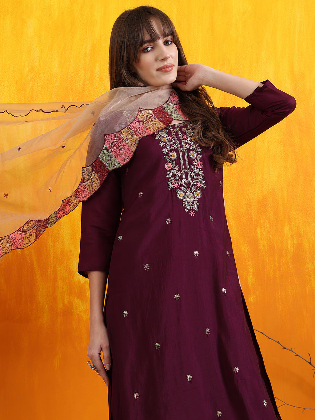 Hand Embroidered Kurta With Pant & Embroidered Organza Dupatta, Purple - Hiral Fashion - Distacart