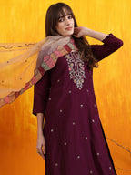 Hand Embroidered Kurta With Pant & Embroidered Organza Dupatta, Purple - Hiral Fashion - Distacart