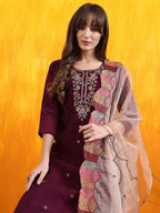 Hand Embroidered Kurta With Pant & Embroidered Organza Dupatta, Purple - Hiral Fashion - Distacart
