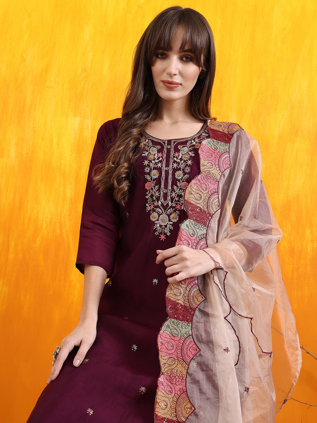 Hand Embroidered Kurta With Pant & Embroidered Organza Dupatta, Purple - Hiral Fashion - Distacart