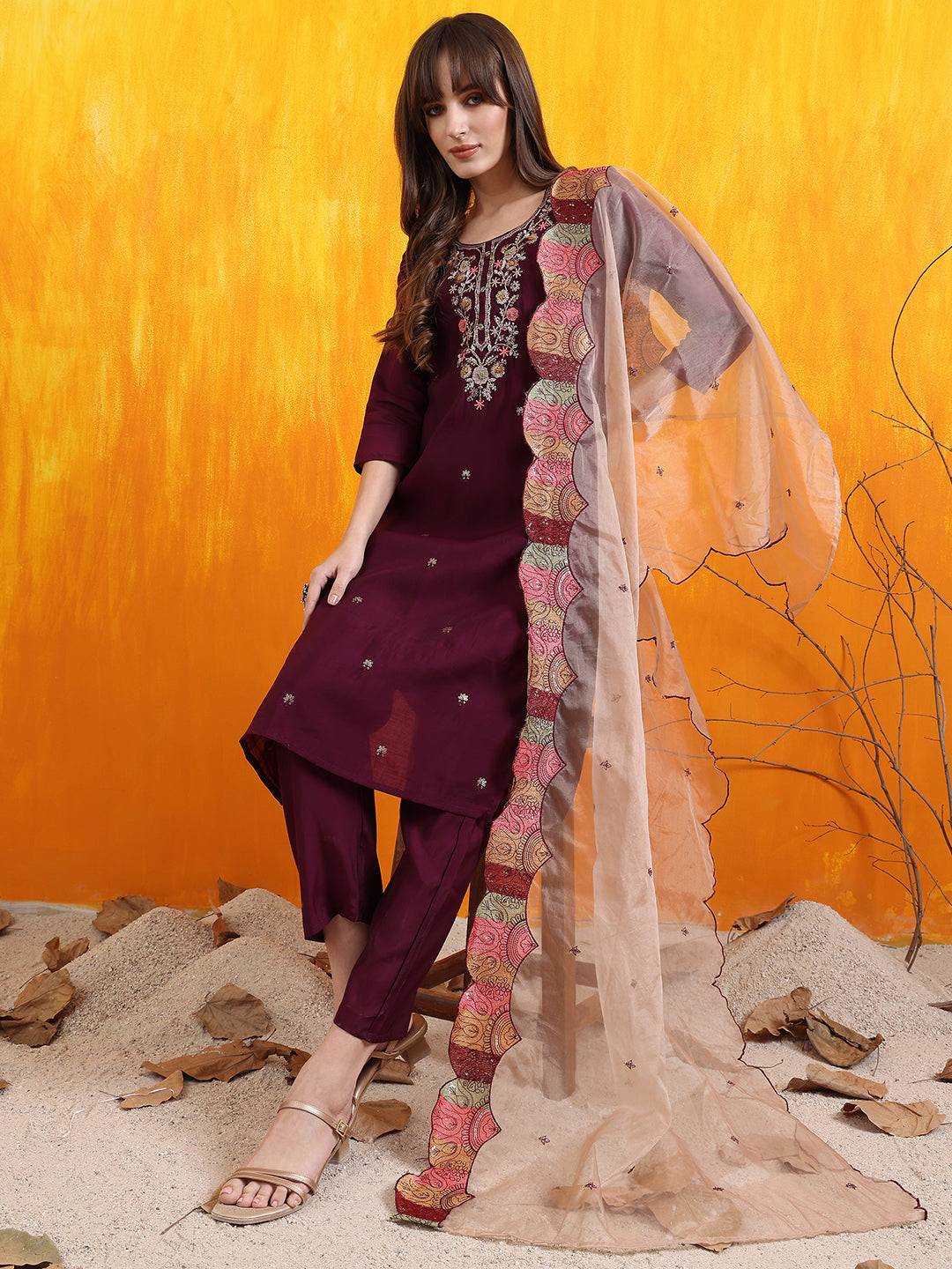 Hand Embroidered Kurta With Pant & Embroidered Organza Dupatta, Purple - Hiral Fashion - Distacart