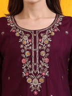 Hand Embroidered Kurta With Pant & Embroidered Organza Dupatta, Purple - Hiral Fashion - Distacart