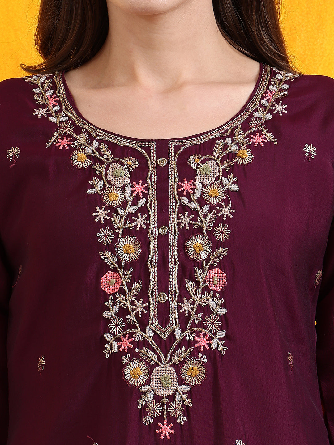 Hand Embroidered Kurta With Pant & Embroidered Organza Dupatta, Purple - Hiral Fashion - Distacart