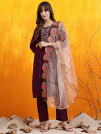 Hand Embroidered Kurta With Pant & Embroidered Organza Dupatta, Purple - Hiral Fashion - Distacart