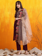 Hand Embroidered Kurta With Pant & Embroidered Organza Dupatta, Purple - Hiral Fashion - Distacart