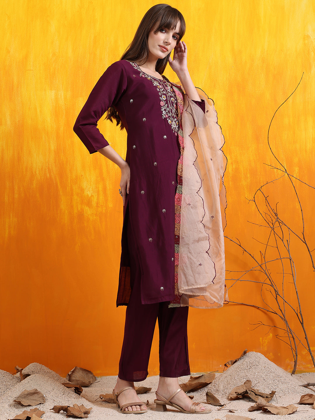 Hand Embroidered Kurta With Pant & Embroidered Organza Dupatta, Purple - Hiral Fashion - Distacart