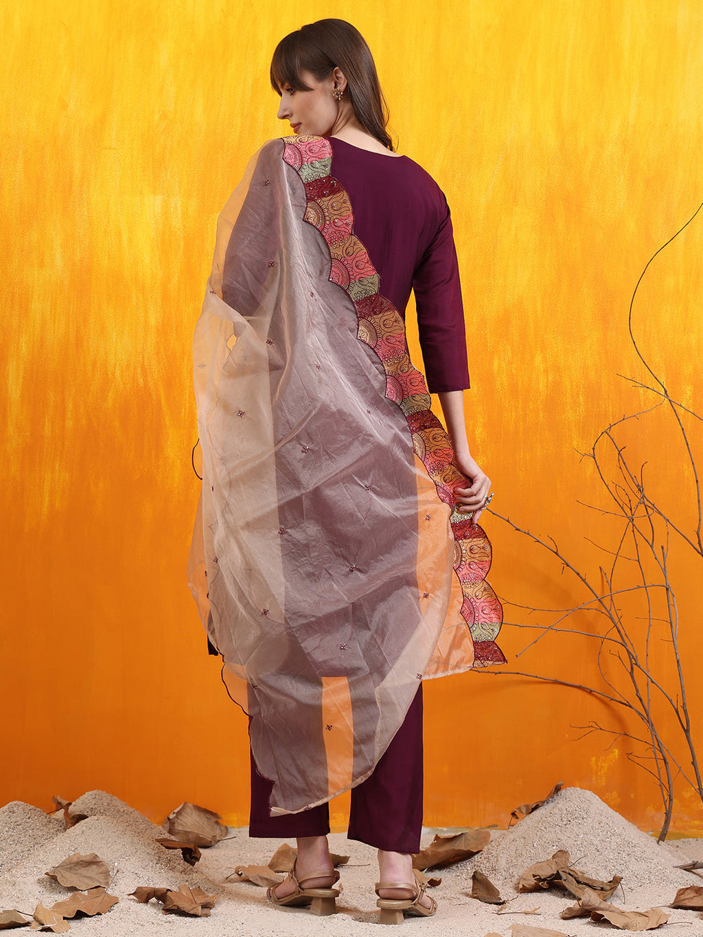 Hand Embroidered Kurta With Pant & Embroidered Organza Dupatta, Purple - Hiral Fashion - Distacart