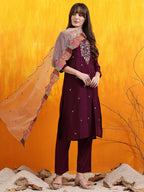 Hand Embroidered Kurta With Pant & Embroidered Organza Dupatta, Purple - Hiral Fashion - Distacart