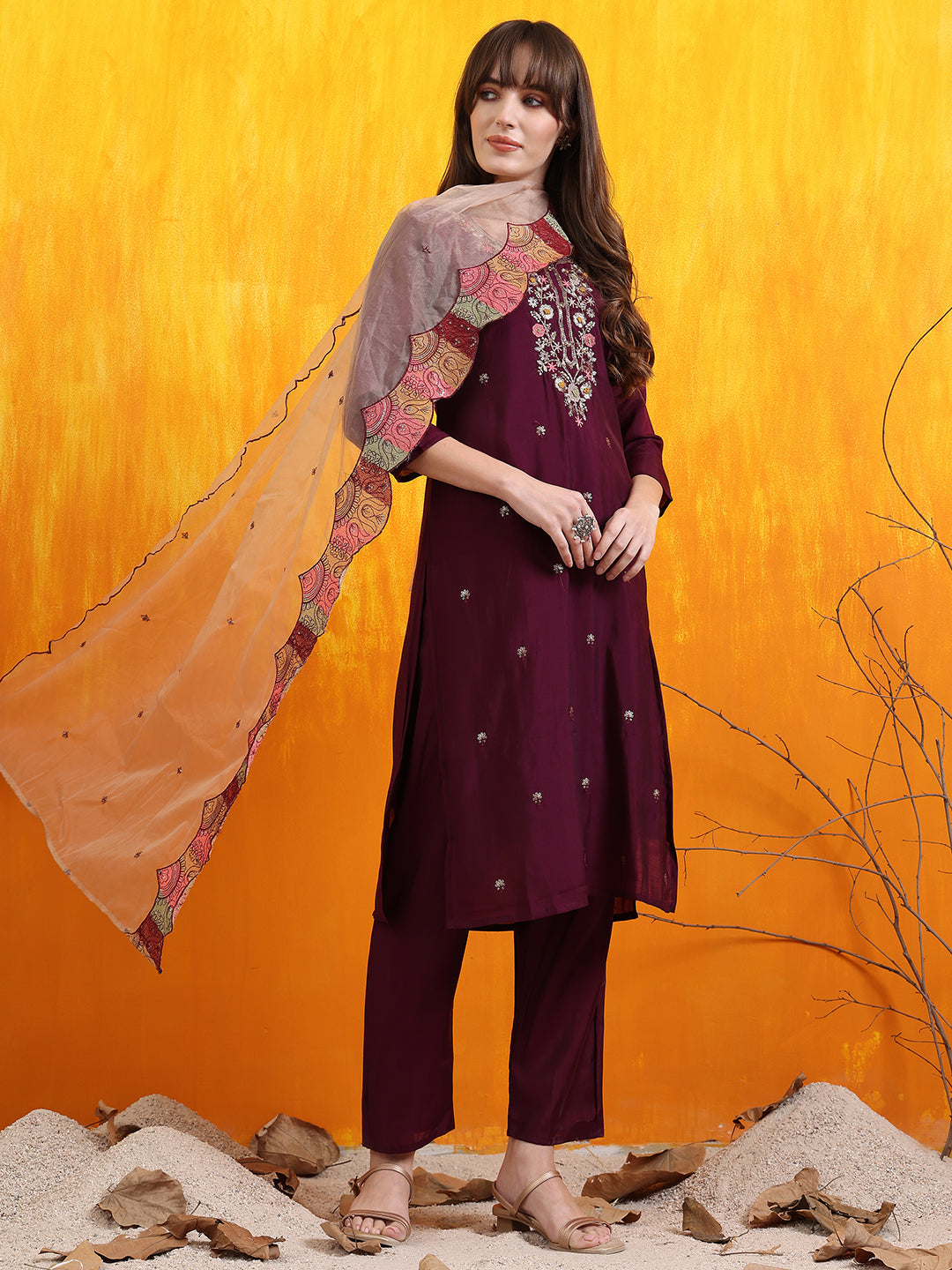 Hand Embroidered Kurta With Pant & Embroidered Organza Dupatta, Purple - Hiral Fashion - Distacart