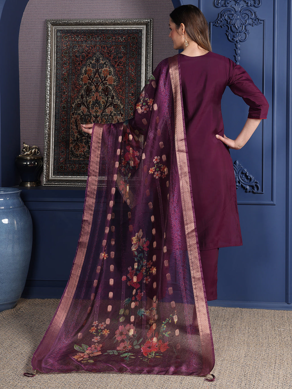 Hand Embroidered Kurta With Pant & Printed Dupatta, Purple - Hiral Fashion - Distacart
