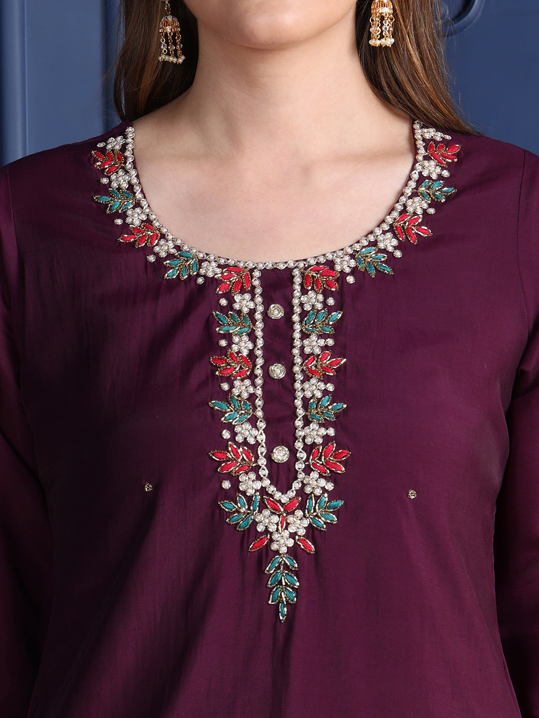 Hand Embroidered Kurta With Pant & Printed Dupatta, Purple - Hiral Fashion - Distacart