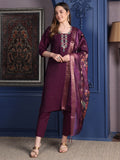 Hand Embroidered Kurta With Pant & Printed Dupatta, Purple - Hiral Fashion - Distacart