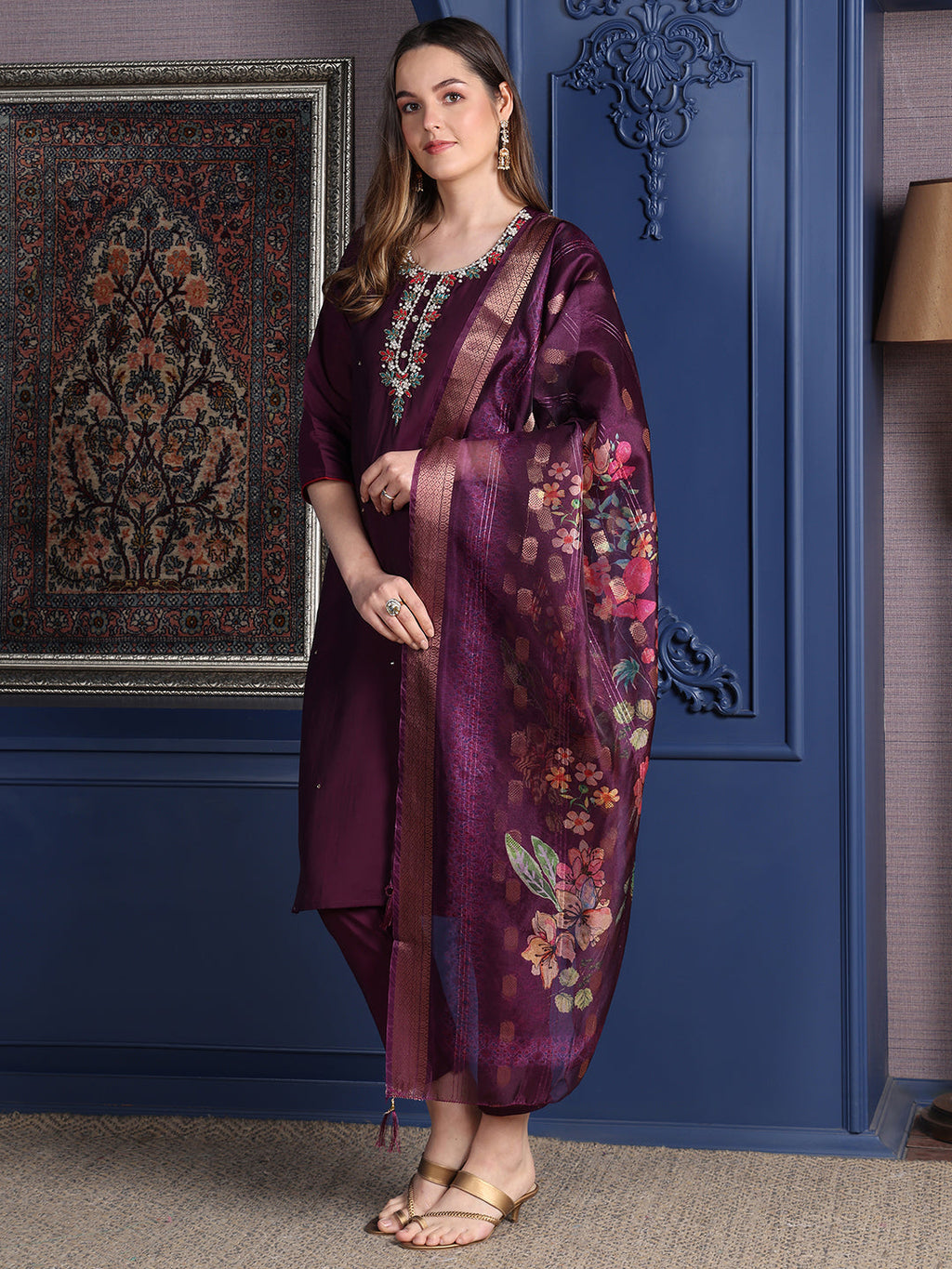Hand Embroidered Kurta With Pant & Printed Dupatta, Purple - Hiral Fashion - Distacart