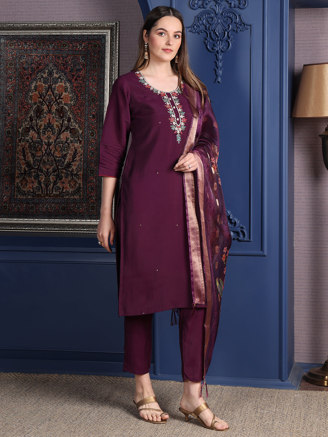 Hand Embroidered Kurta With Pant & Printed Dupatta, Purple - Hiral Fashion - Distacart