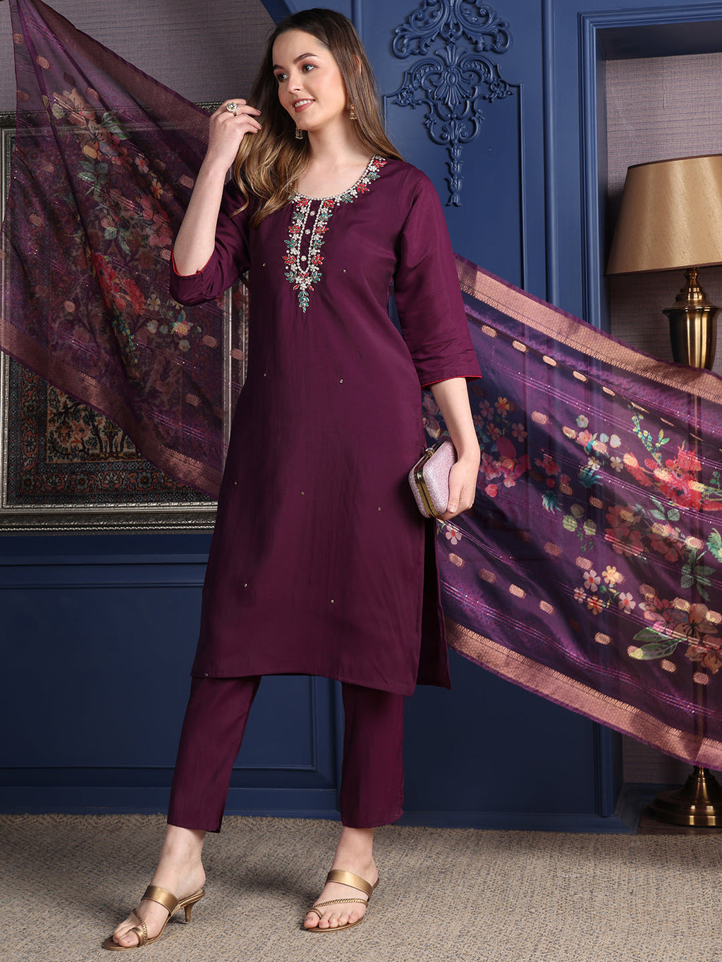 Hand Embroidered Kurta With Pant & Printed Dupatta, Purple - Hiral Fashion - Distacart
