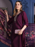 Hand Embroidered Kurta With Pant & Printed Dupatta, Purple - Hiral Fashion - Distacart