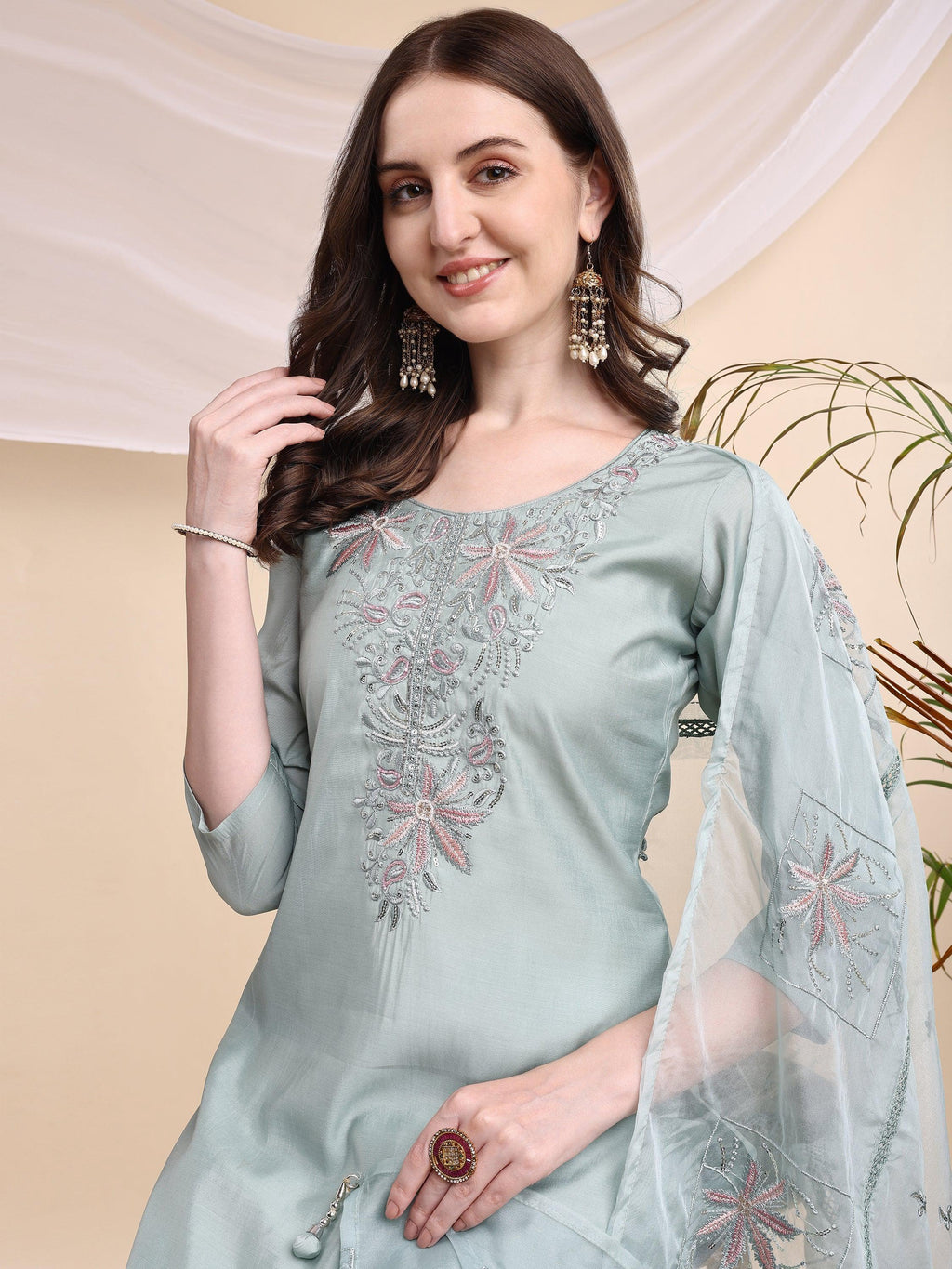Embroidered Kurta With Pant & Printed Organza Dupatta, Turquoise - Hiral Fashion