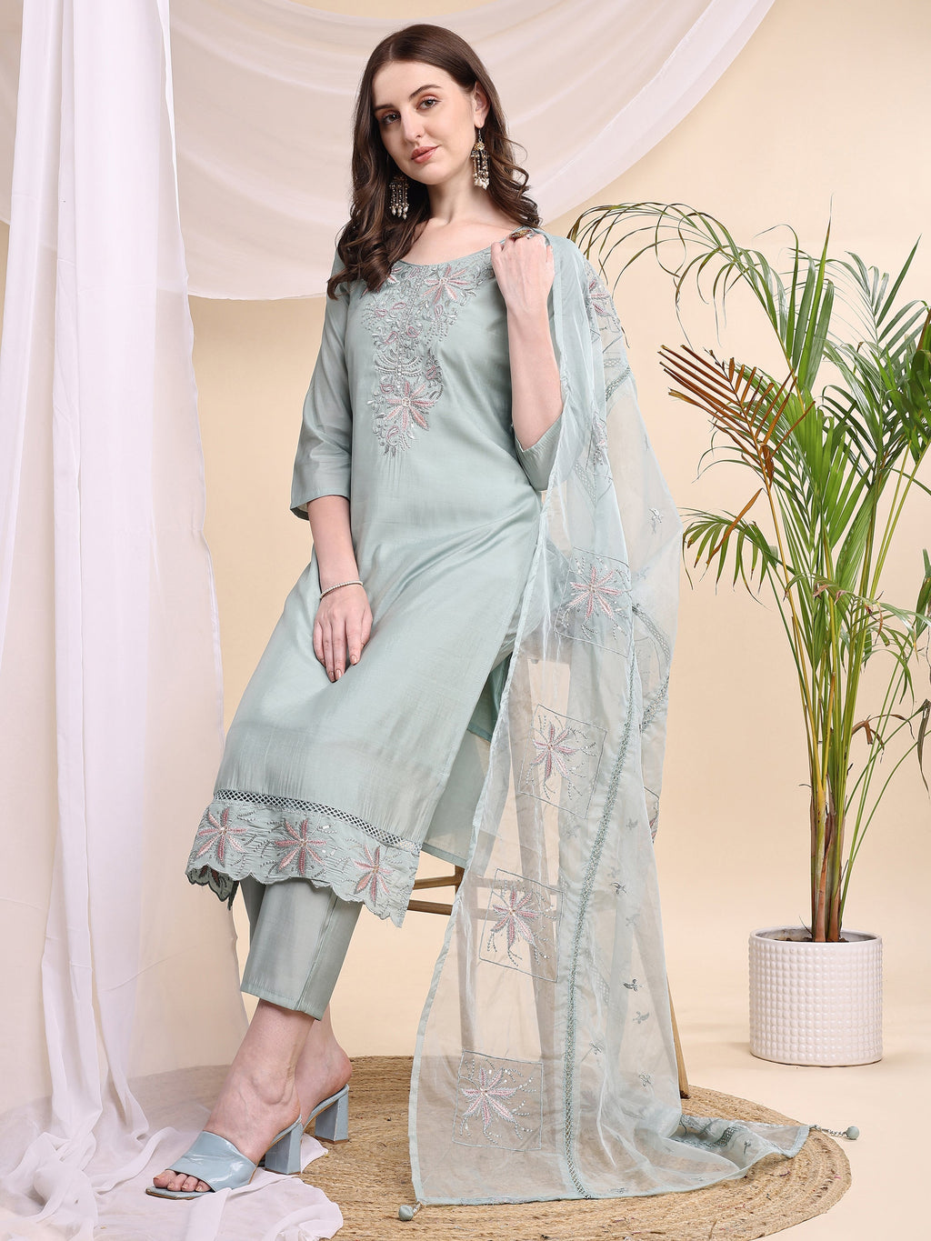 Embroidered Kurta With Pant & Printed Organza Dupatta, Turquoise - Hiral Fashion
